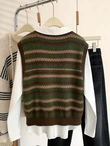 SHEIN Áo Ghi Lê Len Dệt Kim Rời Cổ Chữ V Sọc Phối Màu Hình Học Thường Ngày Cho Nữ, Thích Hợp Cho Hàng Ngày, Đi Làm Và Đi Học, Mùa Thu / Đông - Nhiều màu - Xem 2