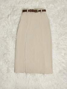Franclia 女士卡其色灯芯绒口袋开衩半身裙配腰带 - 米色 - 查看 5