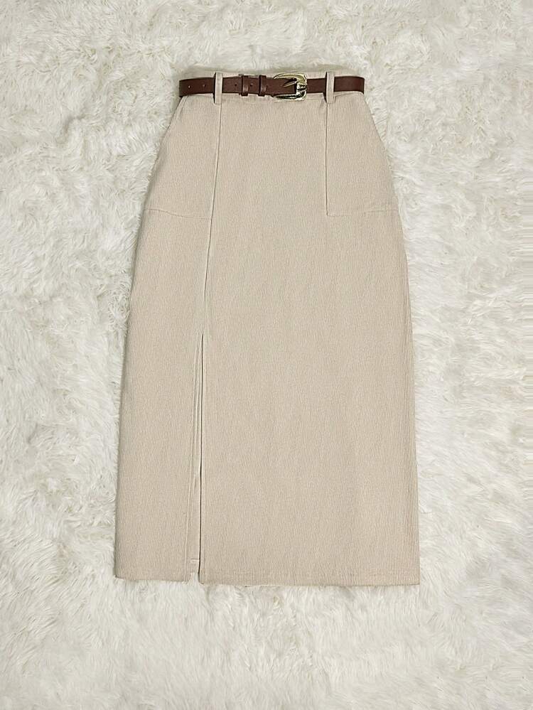 Franclia Falda de pana con bolsillos y abertura con cinturón para mujer en color caqui - Beis - Añade 5
