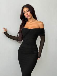 SHEIN PETITE Đầm trễ vai phối lưới xoắn nhún, dáng ôm, tay dài, trang phục hẹn hò lãng mạn, phù hợp với người nhỏ nhắn. - màu đen - Xem 3