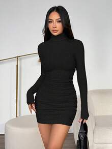 SHEIN PETITE 女士基础款迷你修身连衣裙，半高领长袖，纯色，休闲日常穿着，时尚感恩节女士保暖连衣裙 - 黑色 - 查看 5