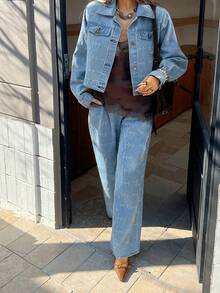 DAZY Women's Pleated Fashion Loose Straight Denim Jacket And Pants Set Y2k - Blue - View 2