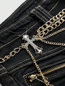 ROMWE Grunge Punk Y2K Baddie 金属链十字架吊坠超低腰迷你牛仔短裤