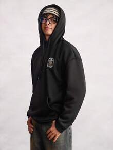 Open Phase 男士街头风格线条骷髅图案休闲连帽卫衣，秋冬 - 黑色 - 查看 7