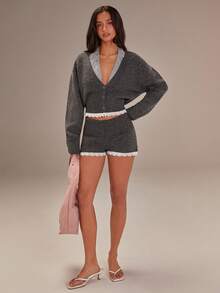 Athîral Set de 2 piezas de cárdigan de punto gris casual y shorts para mujer