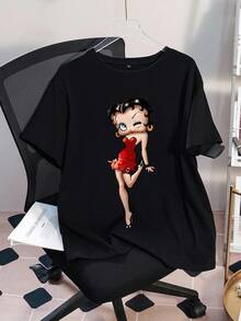 Betty Boop x SHEIN Plus Size Summer Casual Cartoon Figure Graphic Round Neck Short Sleeve T-Shirt - Black - View 1