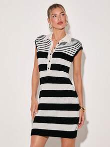 COSMINA Women's Black And White Striped Sleeveless Knit Dress,Summer Effortless Chic Collared Shirt Design,Brunch Back-To-School Elegant Casual Daily Wear - Multicolor - View 1