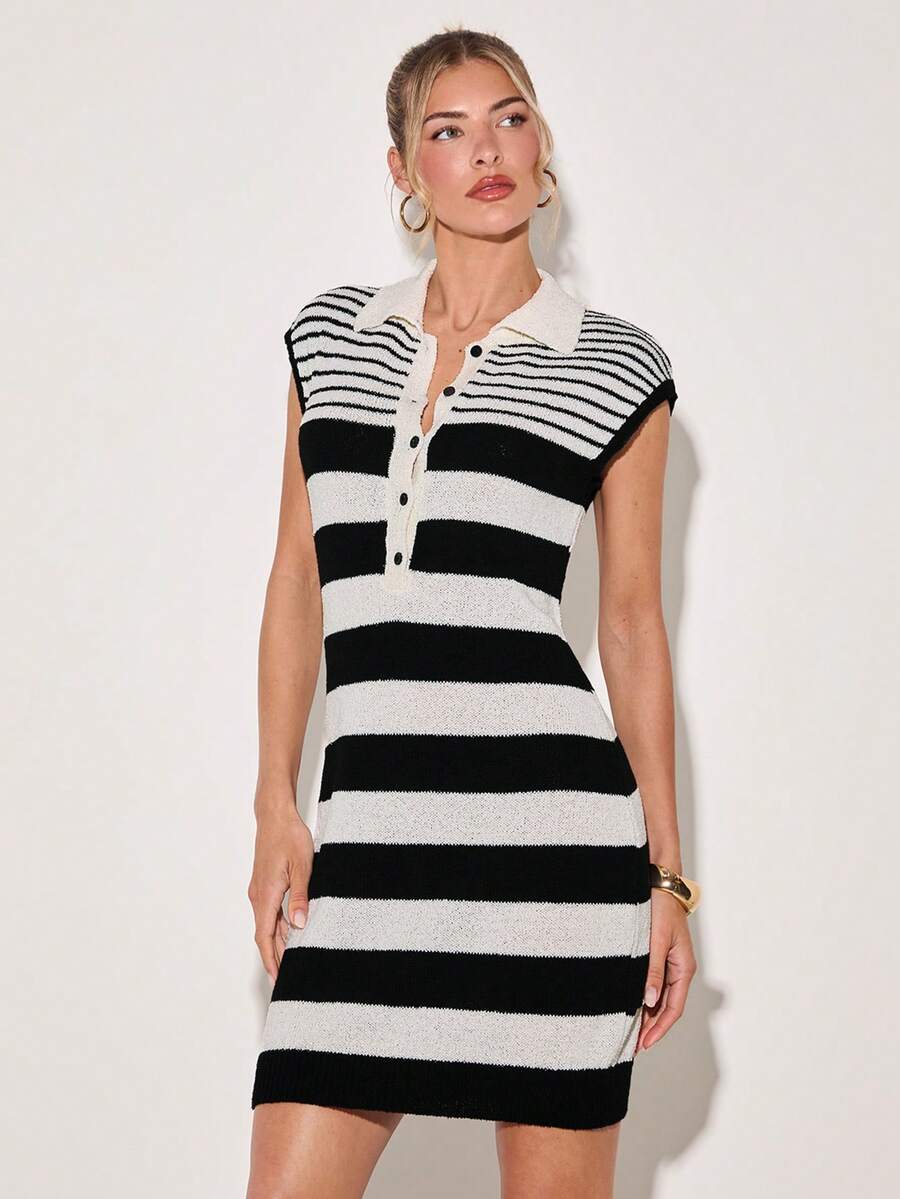 COSMINA Women's Black And White Striped Sleeveless Knit Dress,Summer Effortless Chic Collared Shirt Design,Brunch Back-To-School Elegant Casual Daily Wear - Multicolor - View 1