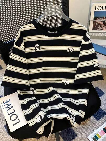 Manfinity Dauomo 男士圆领条纹熊猫印花休闲百搭通勤短袖T恤