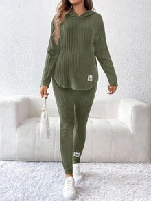 SHEIN 2pcs Maternity Casual Solid Color Hoodie And Pants Set, Autumn Fall - Army Green - View 5