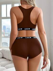 EasyFave Conjunto de lencería de sujetador y pantie con cinta con letras cómoda - Café integral - Ver 2