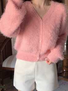 DAZY Soft & Cozy V-Neck Cardigan Sweater Jacket, Autumn/Winter For Women - Pink - View 5