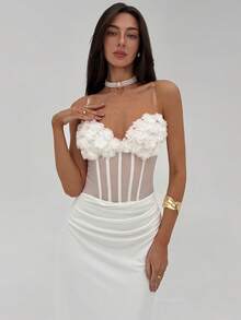 Aloruh 情人节白色派对性感宴会无肩带3D立体花卉鱼骨薄纱褶皱连衣裙（女款） - 白色 - 查看 8