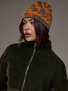 MUSERA 1pc Fashionable Autumn/Winter Warm Windproof Embroidered Letter Orange Jacquard Thick Knit Hat For Women