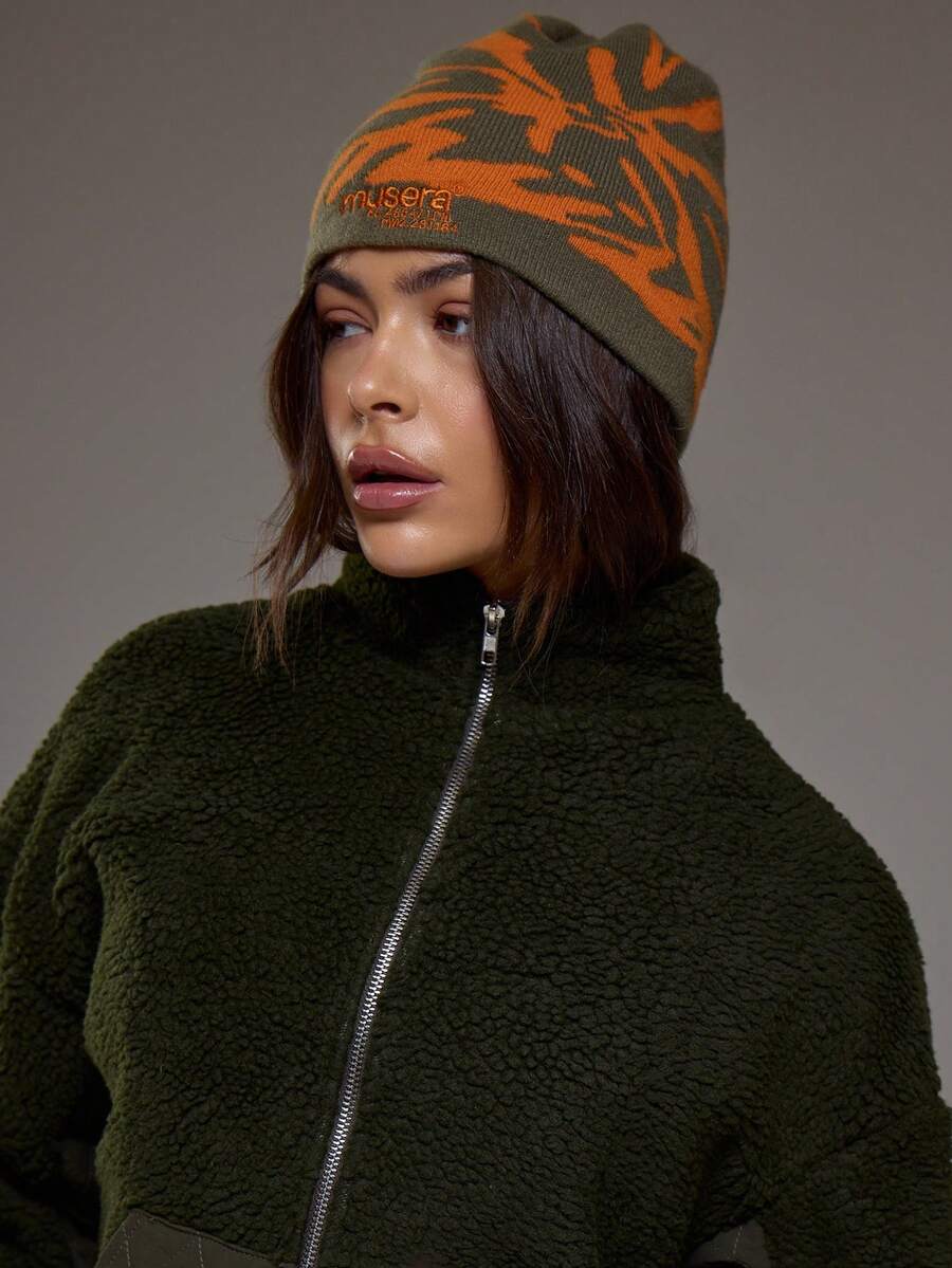 MUSERA 1pc Fashionable Autumn/Winter Warm Windproof Embroidered Letter Orange Jacquard Thick Knit Hat For Women