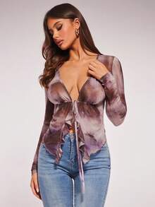 Radiana Women's Sexy & Elegant Purple Mesh Tie-Dye Print Long Sleeve Ruffle Trim Tie Front Casual Blouse, Spring - Multicolor - View 6