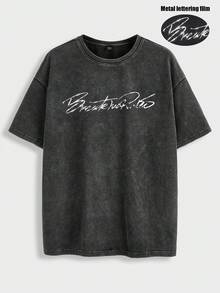 Manfinity ZONE917 Lässiges Straßen-Metall-Gravur-reflektierendes rebellisches Geist-Slogan-englischer Muster schwarzes T-Shirt - Schwarz - Übersicht 1