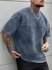 Manfinity CasualCool Men's Casual Fashion Street Daily Commute Washed Loose T-Shirt, Summer Acid Washed T Shirt Distressed T-Shirt Acid Wash Tee Mens Drop Shoulder Tee Streetwear Men Shirts Streetwear Daily Leisure, Weekend Trips, Outdoor Activities, Travel Expeditions, Relaxed Work Environments Or Semi-Formal Occasions,Boyfriend/Husband Gift, Anniversary Gift  Vacation Outfits Acid Wash Graphic Tee Distressed Tshirt Valentine's Day - Blue - View 6