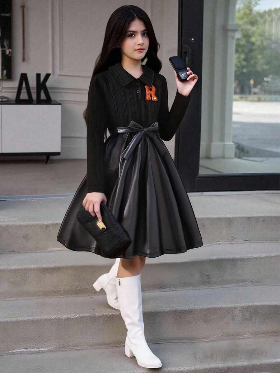 SHEIN 女童杏色纹理领衬衫搭配复古棕色拼接连衣裙,适合上学、日常穿着、聚会、派对等场合,风格温柔优雅,秋冬季必备。 - 黑色 - 查看 1