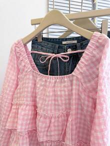 SHEIN Áo cánh rộng tay phồng kẻ caro cổ vuông tay đèn lồng cho nữ cỡ lớn - Màu Hồng baby - Xem 6