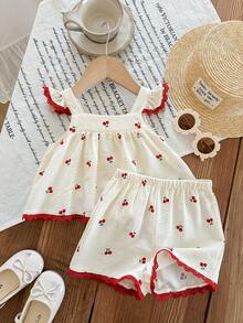 LMoss Kids 女婴碎花荷叶边领休闲上衣和短裤两件套 - 紅色 - 查看 4