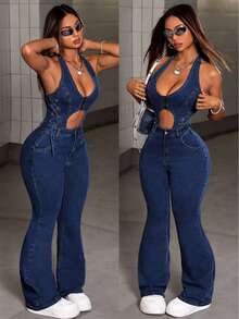 SHEIN ICON 女士夏季性感镂空外露侧系带腰喇叭腿牛仔连体裤 - 深色水洗藍 - 查看 4