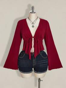 SHEIN ICON 大码女式休闲度假风纯色深V领喇叭袖系带短款褶皱上衣，春秋季 - 酒紅色 - 查看 6