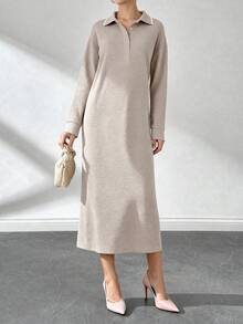 EURMUSE Women Button Detailed Long Casual Dress - Beige - View 5