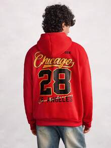 Open Phase 男士洛杉矶 28 号图案印花抓绒连帽衫，街头风，秋冬 INS 风，日常搭配，男友/老公礼物 - 紅色 - 查看 1