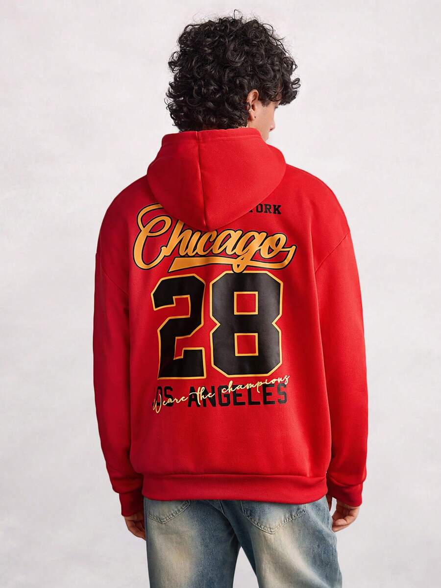 Open Phase 男士洛杉矶 28 号图案印花抓绒连帽衫，街头风，秋冬 INS 风，日常搭配，男友/老公礼物 - 紅色 - 查看 1