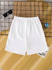 SHEIN Tween Boys' Casual Summer White Cargo Shorts,Comfortable Tight Patch Pocket Contrast Trim Loose Straight Leg Pants For School,Garden,Beach,Birthday - Black - View 3