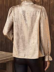 LanaWest Women's Gold Velvet Ruffle Collar Shoulder Pleated Long Sleeve Blouse, Elegant Western Party Wear, New Year - - Gold - View 9