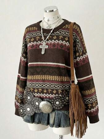 Suéter holgado de talla grande con estampado geométrico a rayas de color marrón terroso con motivos de setas en estilo fairycore, suéter holgado de mujer de otoño/invierno, suéter navideño casual vintage para mujer