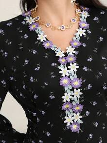 Al Najma Women's Elegant Arabic Style A-Line Dress With Flared Sleeves, Tie Waist And Ruffle Hem, Suitable For Spring And Autumn - Black - View 6