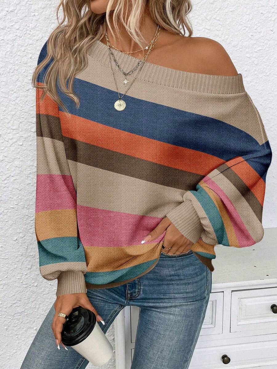 EMERY ROSE Plus Size Women's Colorblock Off-Shoulder Casual Pullover Sweater, Suitable For Parties, Autumn/Winter Spring
