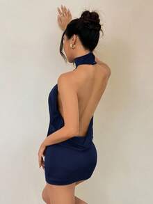 SHEIN PETITE Váy ngắn hở lưng cổ cao - Màu xanh hải quân - Xem 4