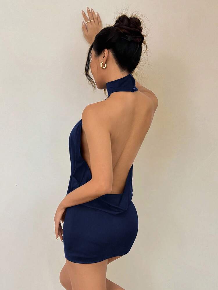 shein backless mini dress SHEIN PETITE High Neck Halter Backless Mini Dress,Party Dresses For Women  ,Petite Women