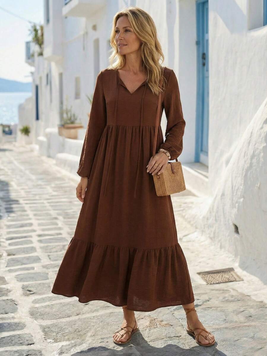 EMERY ROSE 女士纯色系带领灯笼袖荷叶边下摆休闲连衣裙 - 棕色 - 查看 1