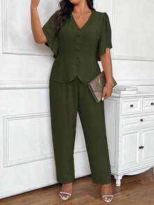SHEIN Frenchy Plus Size Summer Simple Solid Color Textured Button Decor Top And Pants Set,Business Casual Woman,Holiday Outfits For Women In Fall/Winter - Army Green - View 4