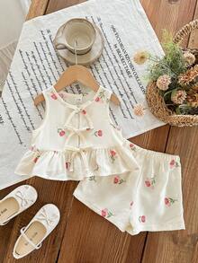 SHEIN LMoss Kids 女婴可爱夏季粉白条纹蝴蝶结无袖上衣和松紧腰短裤套装 - 粉色 - 查看 4