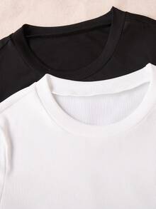 SHEIN Genkimix Kids 少女纯色短袖T恤，简约日常款 - 彩色 - 查看 3