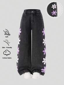 Tween GirlsCasual Basic Comfortable Elegant Fresh Wide Leg Loose Fit Pure White Jeans - Black - View 5