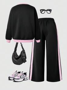 SHEIN 2件套女童休闲简约蝴蝶结装饰圆领长袖卫衣和裤子套装 - 黑色 - 查看 2