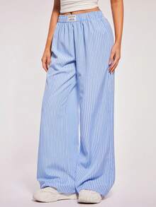 Radiana Women's Simple Fashion Casual Blue And White Striped Low Waist Wide Leg Pants, Striped Trousers, Low Waist Pants, Sweatpants, Casual Pants - Blue - View 3