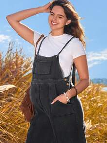 Boho Mama Bộ đồ liền thân đơn giản màu trơn cho bà bầu - màu đen - Xem 5