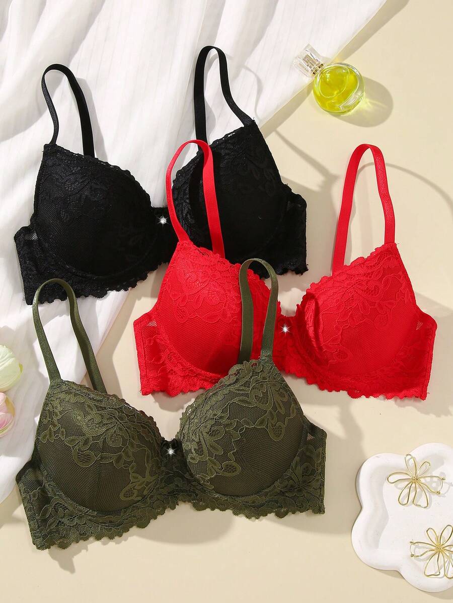 3pcs/Set Lace Wireless Bras For Women, Valentine's Day - Multicolor - View 1