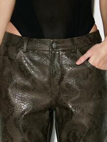 KIZN Snake Print High Waist Straight Leg Faux Leather Trousers Pants Stylish Evening Party Fashion Statement Bottom - Brown - View 4