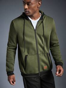 Driftmere 男式撞色拉链连帽运动衫，秋冬款 - 軍綠色 - 查看 4