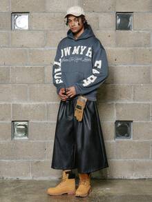 PAVTROS 男士 PU 皮革宽松阔腿七分裤，时尚百搭 - 黑色 - 查看 5