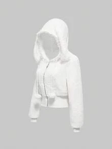 ROMWE Kawaii 秋冬季可爱蕾丝毛绒拼接兔耳连帽衫和蓬松短裤两件套女装 - 杏色 - 查看 2